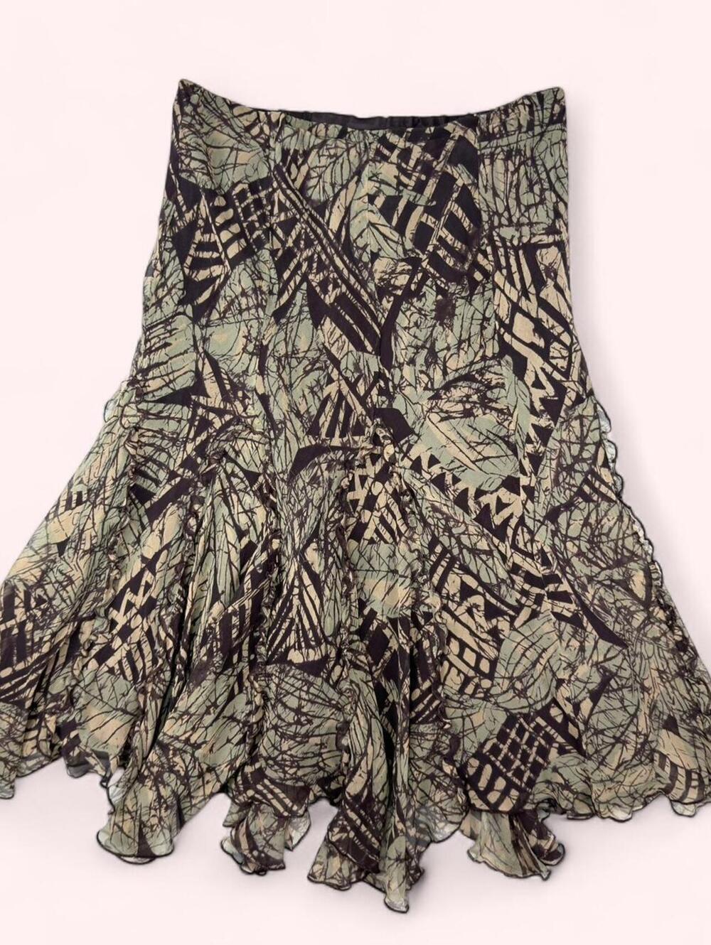 Brown, tan and light green abstract print ruffled skirt